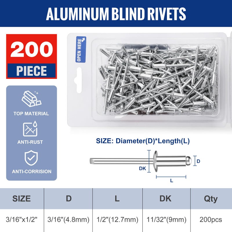 WORKPRO 200Pcs Aluminum Blind Rivets, 3/16"" x 1/2"" Pop Rivets Assortment, Aluminum Grip and Steel Mandrel, for Metal, Marine Boat, Automotive, Railway, and Duct Work- Pack of 200, Silver - Image 2